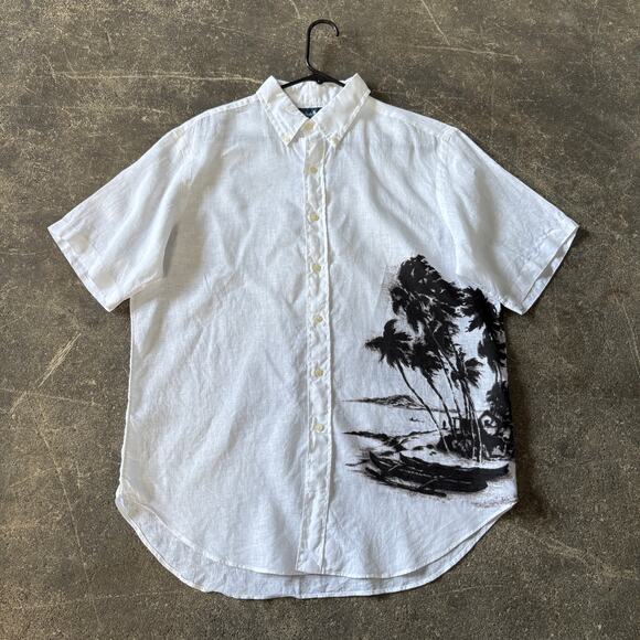Vintage Ralph Lauren Hawaiian Shirt Mens L White Linen Palm Trees Y2K Button Up - Picture 1 of 9